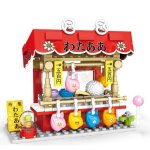 Blocs de construction en briques pour enfants, vue sur la rue, boutique de barbecue, magasin de sushi, ...