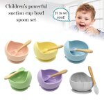 Bol d'alimentation en silicone pour b�b�, vaisselle imperm�able sans bpa, assiette gratuite, cuill�re ...