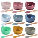Bol en silicone pour enfants, cuillre a djeuner, vaisselle en silicone, manche en bois, cuillre, tasse, ...