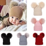Bonnet epais et chaud pour bb, couleur unie, a double pompon, pour filles et garons, cadeau pour nouveau ...
