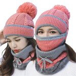 Bonnet d'hiver epais pour femme, 3 en 1, en velours, anti - poussire, chaud, en laine tricote