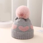 Bonnet pompon en fourrure pour bb imprim c?ur bonnet chaud au crochet pour fille et garon automne ...