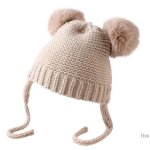 Bonnet tricot a double pompon pour bbs garons et filles, chapeau en peluche, oreilles de boule, casquette ...