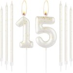 Bougie dore blanche et dore en forme de chiffre 15 pour gteau d'anniversaire, dcoration de gteau ...