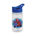 Bouteille enfant jemini spiderman 380 ml transparente avec bouchon bleu et bec rabattable