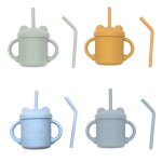 Bouteilles en silicone pour enfants, vaisselle anti - fuite, tasse d'alimentation pour b�b�, 2 pailles, ...