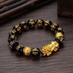 Bracelet de perles feng shui obsidienne, unisexe, en or noir, pixiu, richesse, bonne chance, pour hommes ...