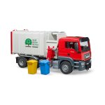 Bruder camion poubelle man tgs blanc et rouge, avec 2 poubelles avec chargement latral