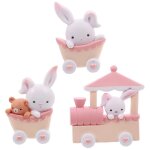 Charmant ensemble de figurines de lapin pour dcoration de bureau et de gteaux - 3 pices, rose et blanc, ...
