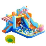Ch�teau gonflable avec souffleur 450w - double toboggan aquatique et trampoline - fontaine & pistolets ...