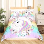 Cheng - enfants filles arc - en - ciel licorne literie set mignon fleur licorne housse de couette 140x200cm ... Cheng - enfants filles arc - en - ciel licorne literie set mignon fleur licorne housse de couette 140x200cm ...
