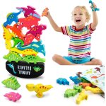 Chenquansarl - montessori jouet en bois dinosaure jouet a empiler, balance blocks jeux toddler educatif ...