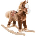 Cheval � bascule cheval de cowboy selle grand confort peluche courte douce bois peuplier brun blanc