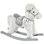 Cheval � bascule - effets sonores, peluche ourson inclus - poign�es structure bois peuplier gris peluche ...