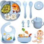 Coffret repas bebe 9 pices, vaisselle antiderapant pour bb set silicone avec ventouse assiette bol ...