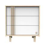 Commode 3 tiroirs en dcor chne velours et blanc avec appliques en bois