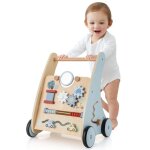 Costway chariot de marche en bois avec centre multi - activits et rangement, jouet montessori, bords ...