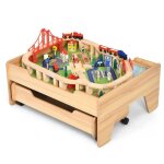 Costway circuit voiture enfant - 100 accessoires avec table, tiroir a roulettes verrouillables et train ...