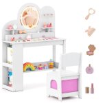 Costway coiffeuse enfant et chaise - 5 accessoires miroir eclair 2 tiroirs, bibliothque, 3 crochets ...