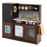 Costway cuisine enfants 3 - 6 ans en bois avec tlphone, tableau noir, micro - ondes, machine de glaons, ...