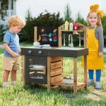 Costway cuisine d'extrieur pour enfants 3 ans + en bois de sapin avec tableau noir, fours, evier