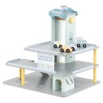 Costway jeu de garage en bois pour enfant a 3 niveaux avec 7 accessoirs - 4 petites voitures, h�licopt�re, ...