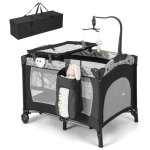 Costway lit parapluie bb pliant 4 en 1 avec matelas, jouets suspendus, bote a musique, table a langer ...