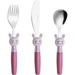 Couverts enfant en inox 3 pièces: 1 x fourchette, 1 x couteau, 1 x cuillère (lapins x 3) Couverts enfant en inox 3 pièces: 1 x fourchette, 1 x couteau, 1 x cuillère (lapins x 3)