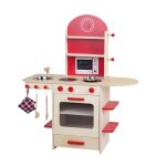Cuisine enfant en bois roba - naturel / rouge - jeu de r�le avec four, plaques de cuisson, evier et robinet ...