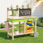 Cuisine enfant ext�rieure en bois, jardin cuisine jouet avec roues, robinet, jardini�res, tableau, etag�res ...