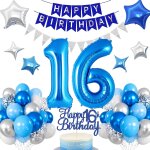 Dcoration d'anniversaire 16 ans, garon, bleu, ballons gonflables, 16 ans pour garon, ballons happy ...