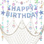 Dcorations d'anniversaire sirne guirlande irise, bannire happy birthday et filet de pche pour thme ...