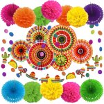 Dcorations de fte mexicaine, 21 pices d'ventails en papier multicolores, pompons, guirlandes et accessoire ...