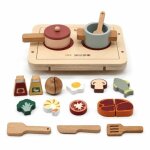 Dinette en bois ginger home avec plaque, vaisselle, ustensiles et aliments � d�couper, 22x18x4 cm