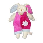 Doudou babynat lapin rose salopette rose et bleu douceur flower pantin