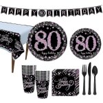 Ensemble de 114 pi�ces el�gant pour f�te d'anniversaire 80 ans, noir et or : banderoles, vaisselle et ...