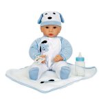 Ensemble b�b� avec couverture bleue et biberon - poup�e yeux fixes !