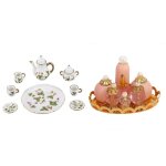 Ensemble de bouteilles de parfum roses miniatures, pour maison de poupe, avec plateau dor, tasses a ...