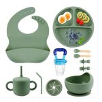 Ensemble d�alimentation b�b� en silicone antid�rapant, sans bpa, vert : assiette a compartiments, petit ...