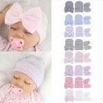 Ensemble de gants en coton doux anti - rayures pour b�b� de 0 a 1 ans, bonnet a noeud papillon, mitaines ...