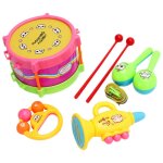 Ensemble d'instruments musicaux pour enfants, 5 pi�ces, tambour a la taille, hochet a percussion, cloche ...
