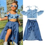 Ensemble de vtements pour bbs filles, haut court en denim sans manches, a pois, a volants, jupe haute ...