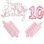 Ershi - bougie de gteau d'anniversaire en forme de papillon rose avec paillettes - dcoration de gteau ...