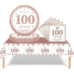 Eryi - 37 pices ensemble de vaisselle or rose joyeux anniversaire pour 100 ans, nappes assiettes en ...