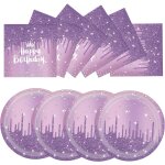 Few - lot de 50 assiettes et serviettes violettes happy birthday, 25 x 17, 8 cm, assiettes a dessert, ...