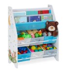 Ginger home ¿ organiseur enfant 3 porte - livres + 6 bacs, meuble de rangement jouets, bois & tissu, ...