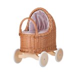 Grand landau - poussette pour poupe en osier naturel avec les roues en bois et joli tissu rose