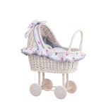 Image du produit poussette pour poupe - landau - pousette en osier blanc - creme avec roues en bois ...