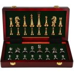 Jeu d'checs de luxe en mtal avec plateau en bois, pices dores et argentes, etui de rangement pliable ...