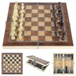 Jeu d'échecs pliable 3 en 1 en bois - echiquier portable 24 x 24 cm pour echecs, dames et backgammon Jeu d'échecs pliable 3 en 1 en bois - echiquier portable 24 x 24 cm pour echecs, dames et backgammon